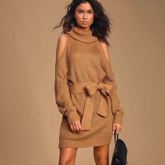 Lulus Cold Shoulder Brown Sweater Dress Size Medium - Picture 11 of 12